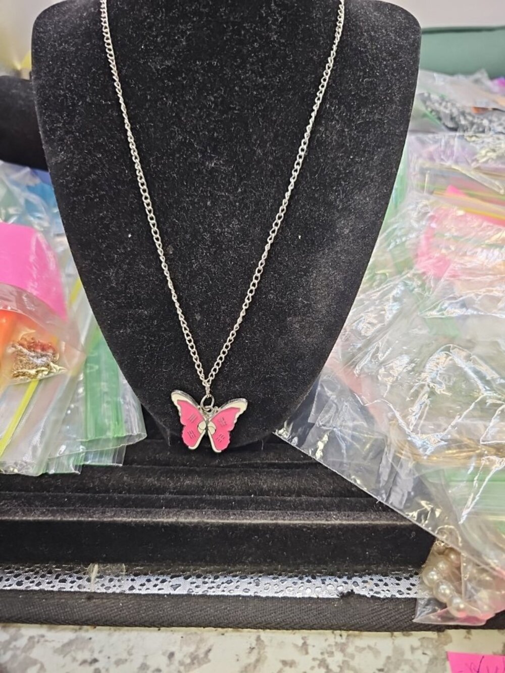 Necklace 20"inches Silver-tone Pink & White Enamel Butterfly Pendant Lobster